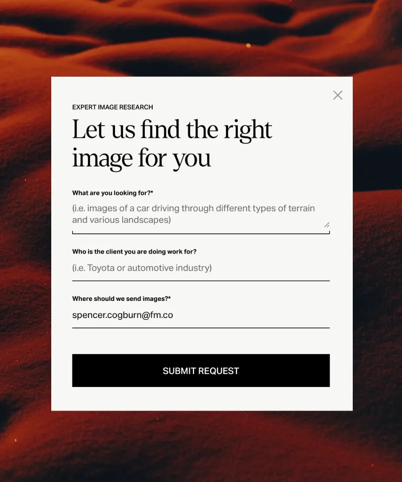 A screenshot of a form to contact Stills for curated images
